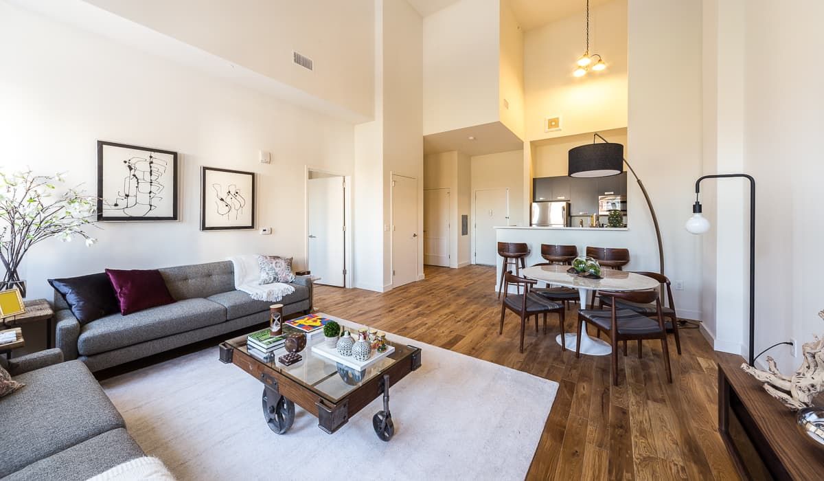 Spacious modern living area with a sofa, dining table, and bright decor.