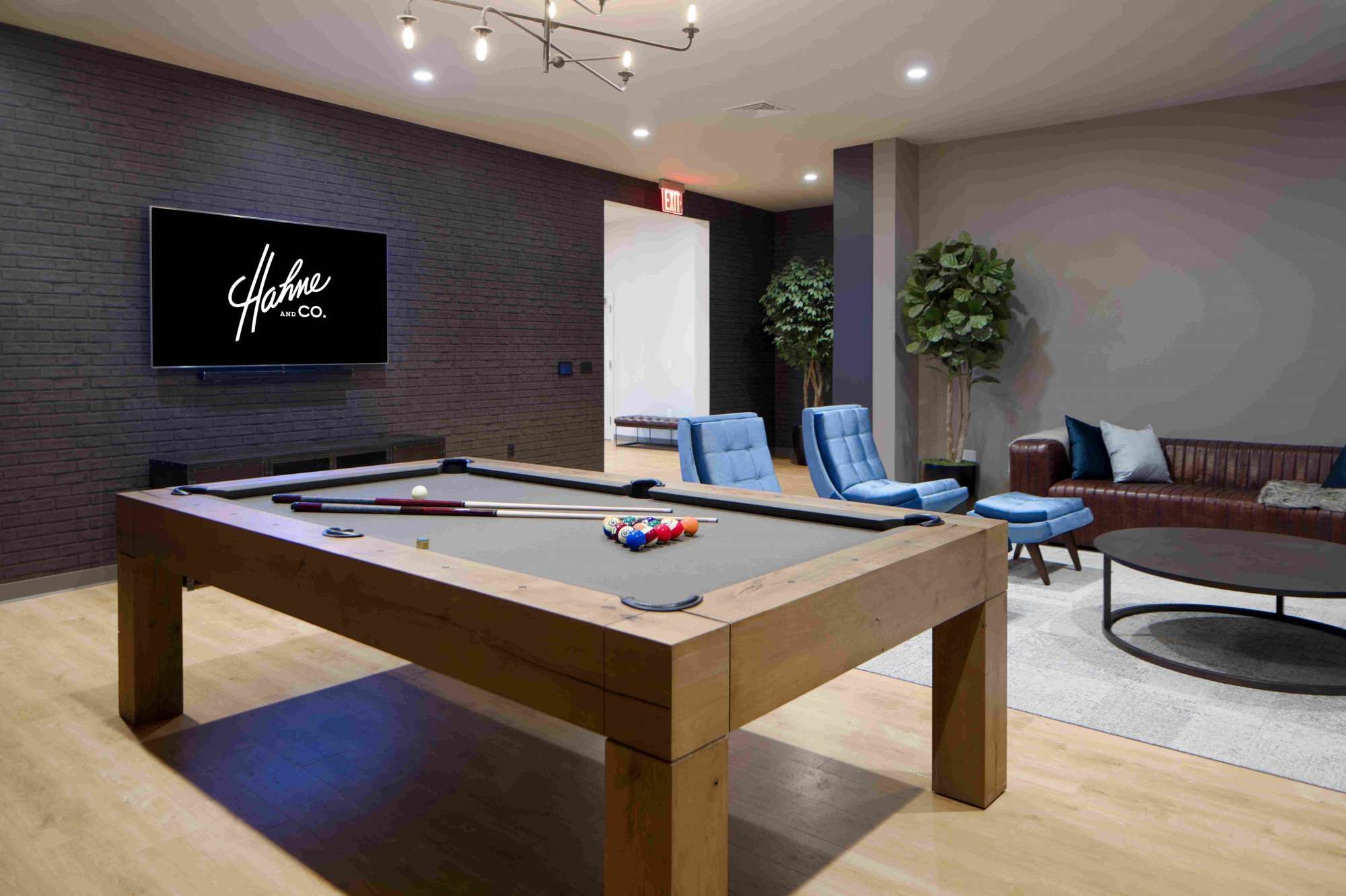 Modern lounge with a pool table, chairs, TV, and decorative plants.