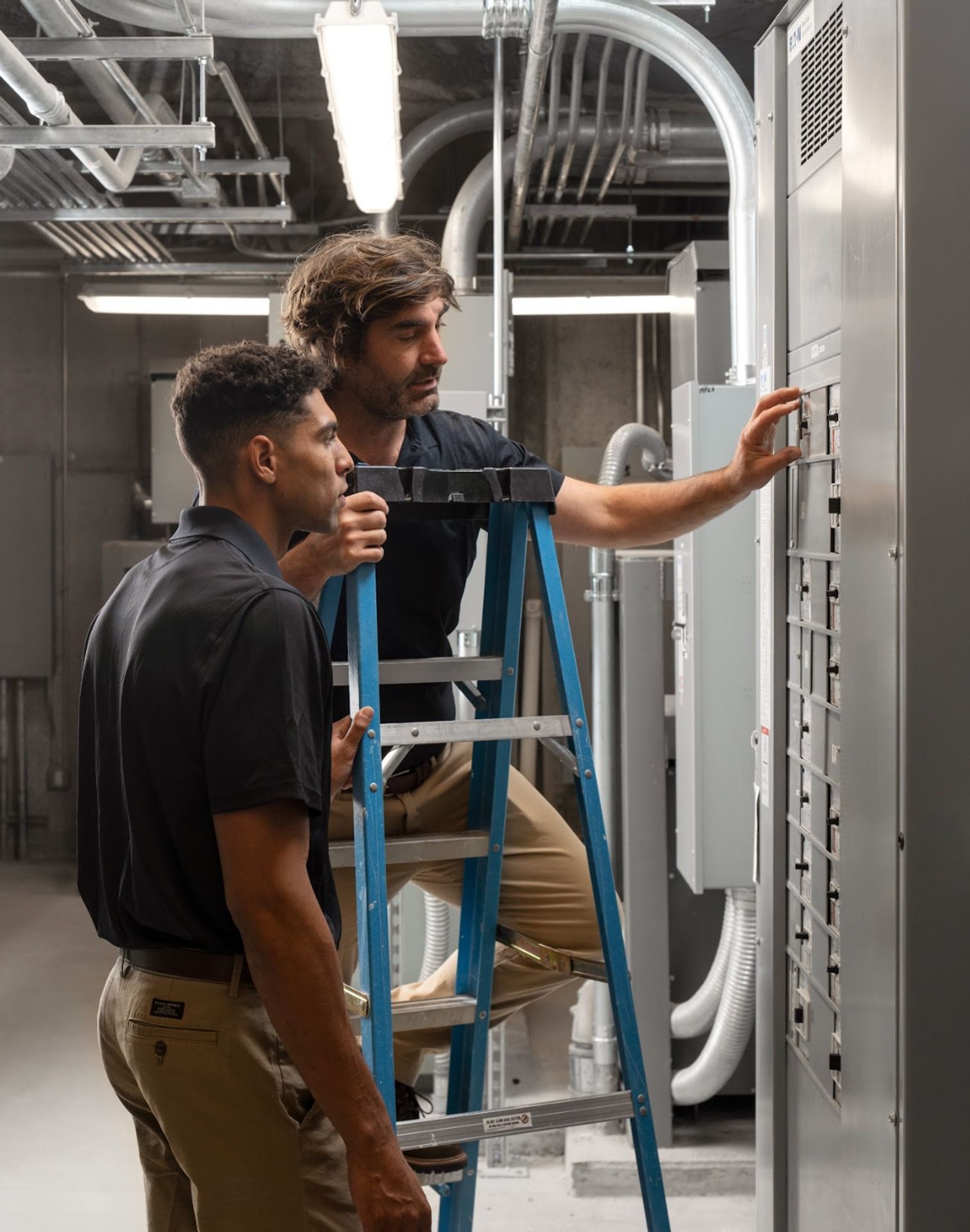 Two technicians working on electrical equipment, one on a ladder, the other observing.