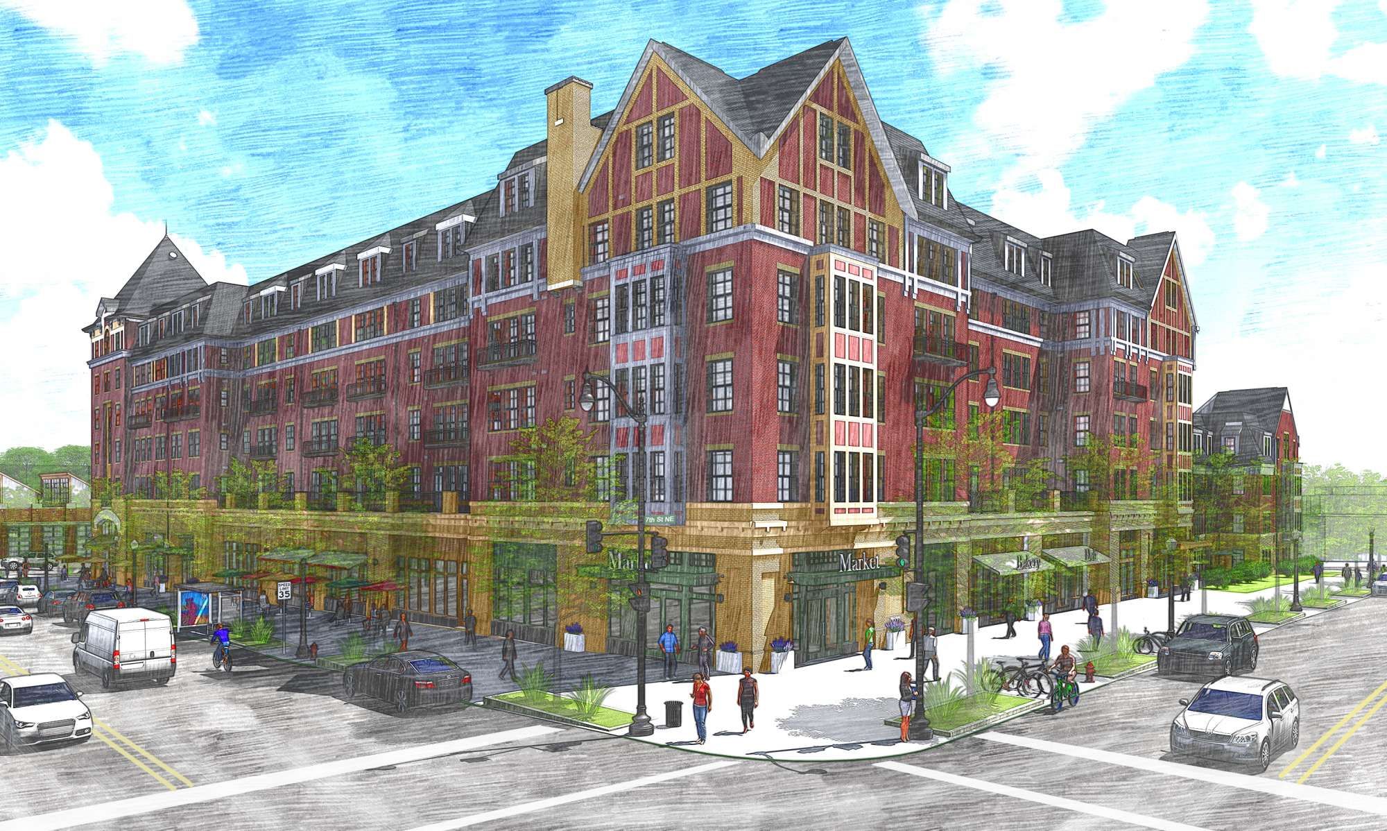 Rendering of a multi-story brick building with shops and landscaping on street corner.
