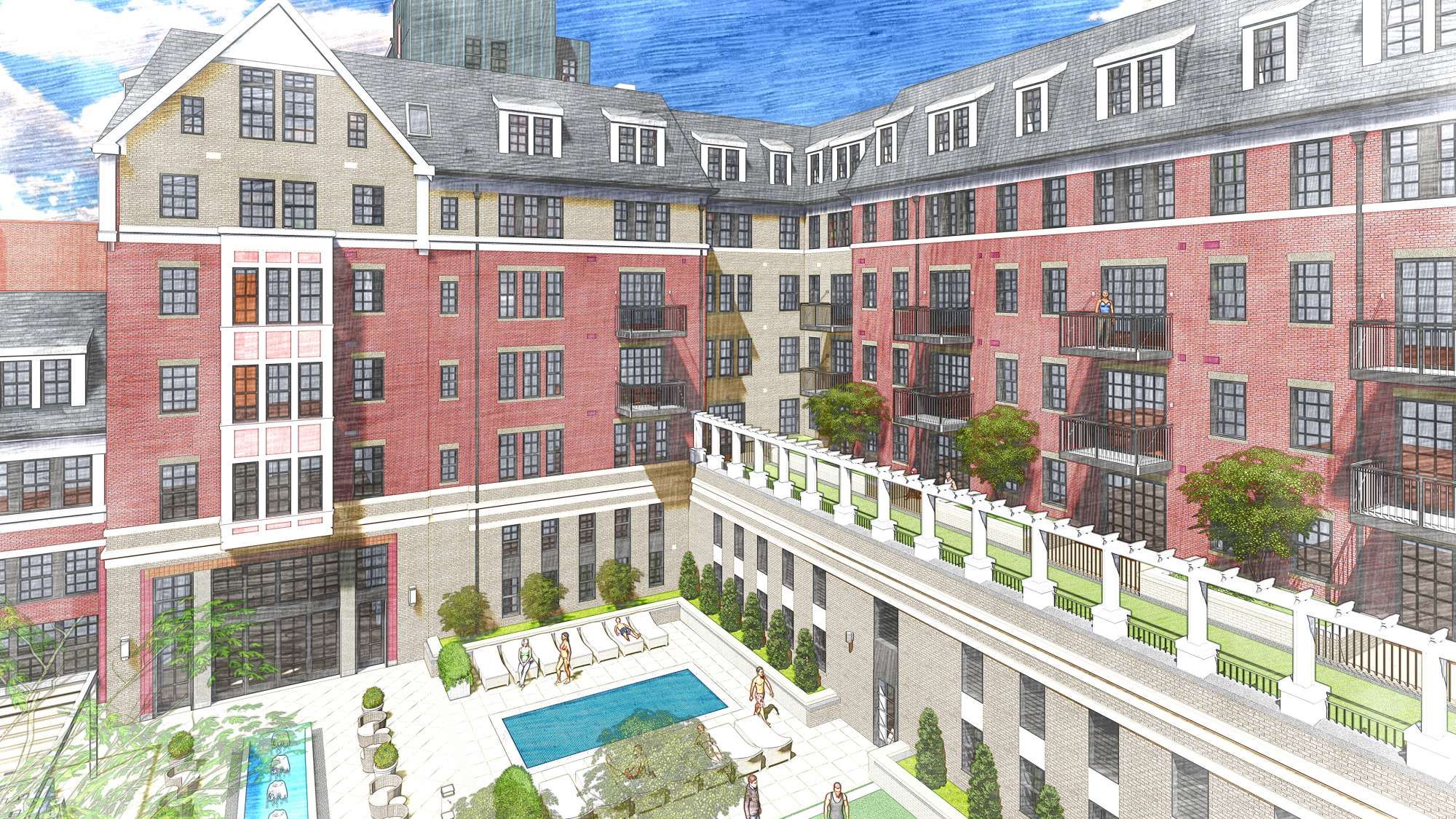 Modern multi-story apartment building with a pool and landscaped courtyard.