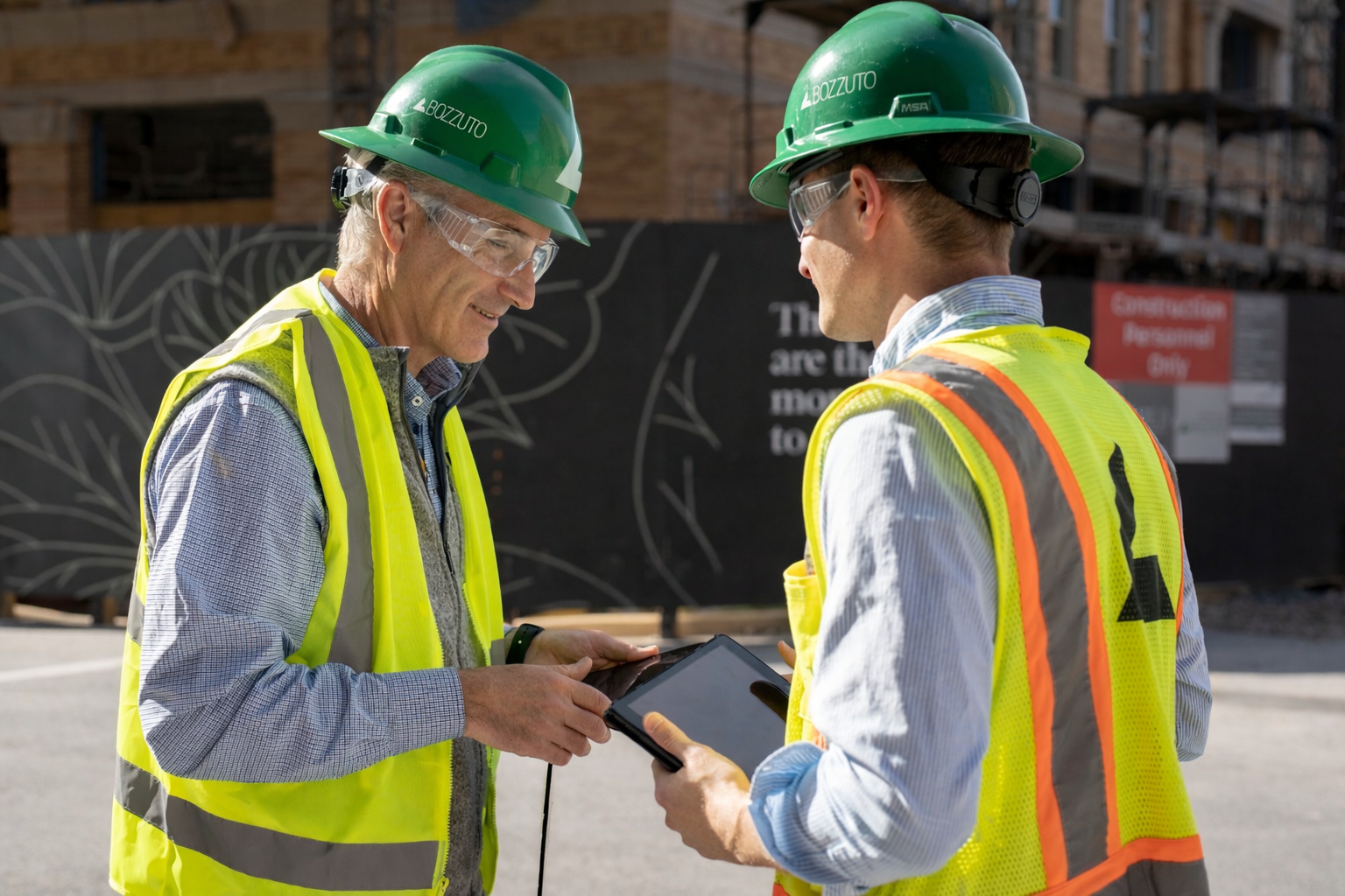 Two construction workers in hard hats discussing plans on a tablet.