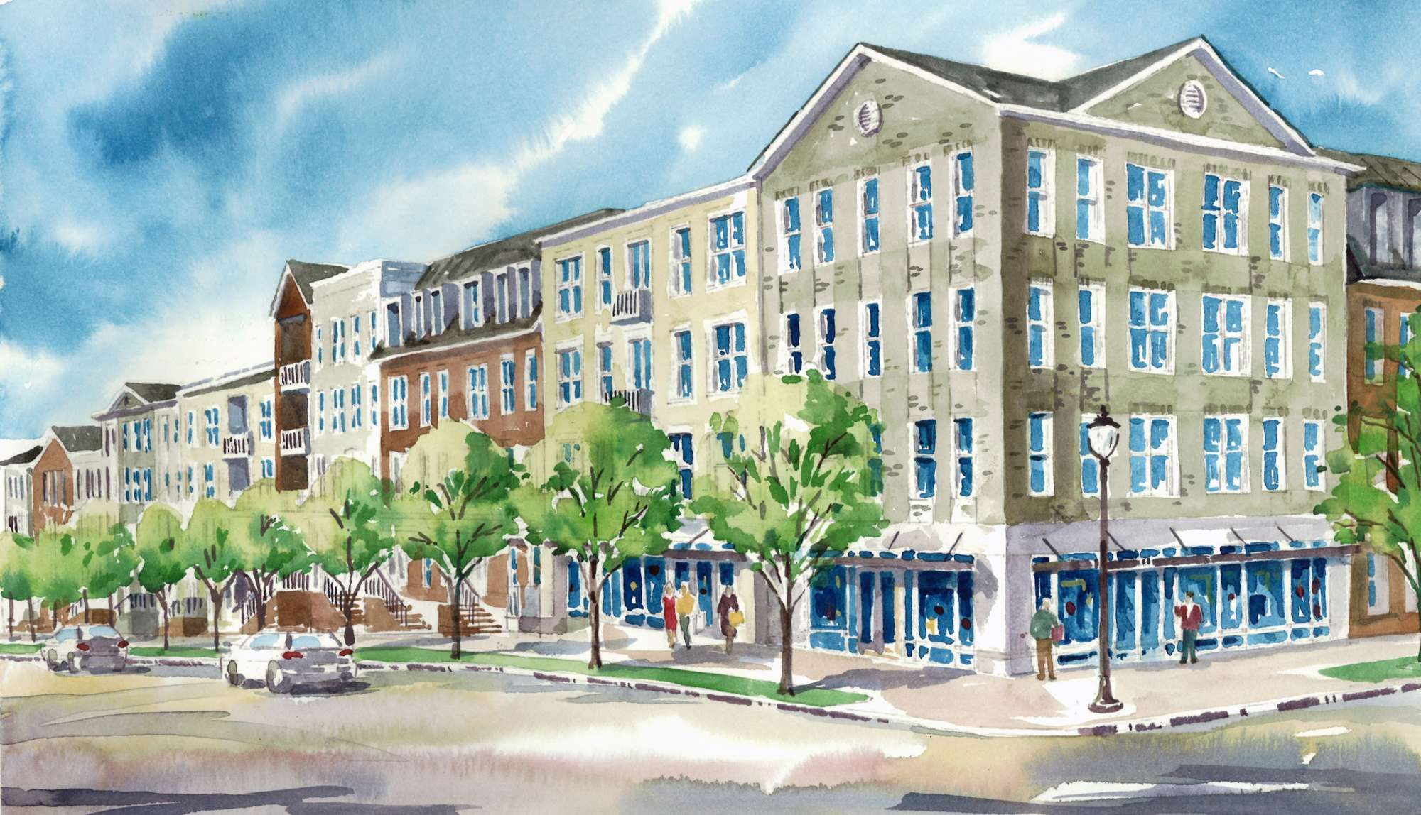 Illustration of a multi-story building with shops and greenery along a street.