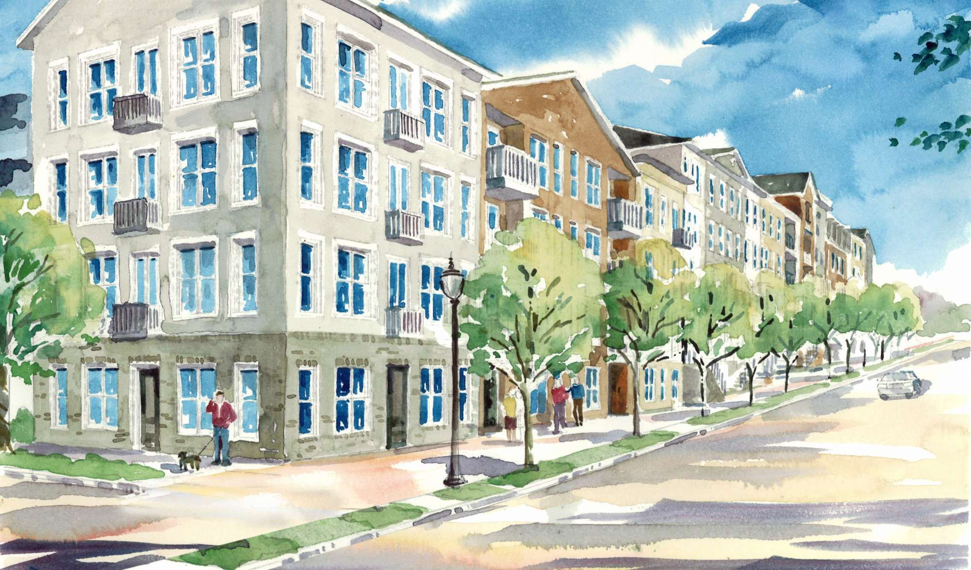 Watercolor illustration of a modern apartment building with trees and people on a sunny street.