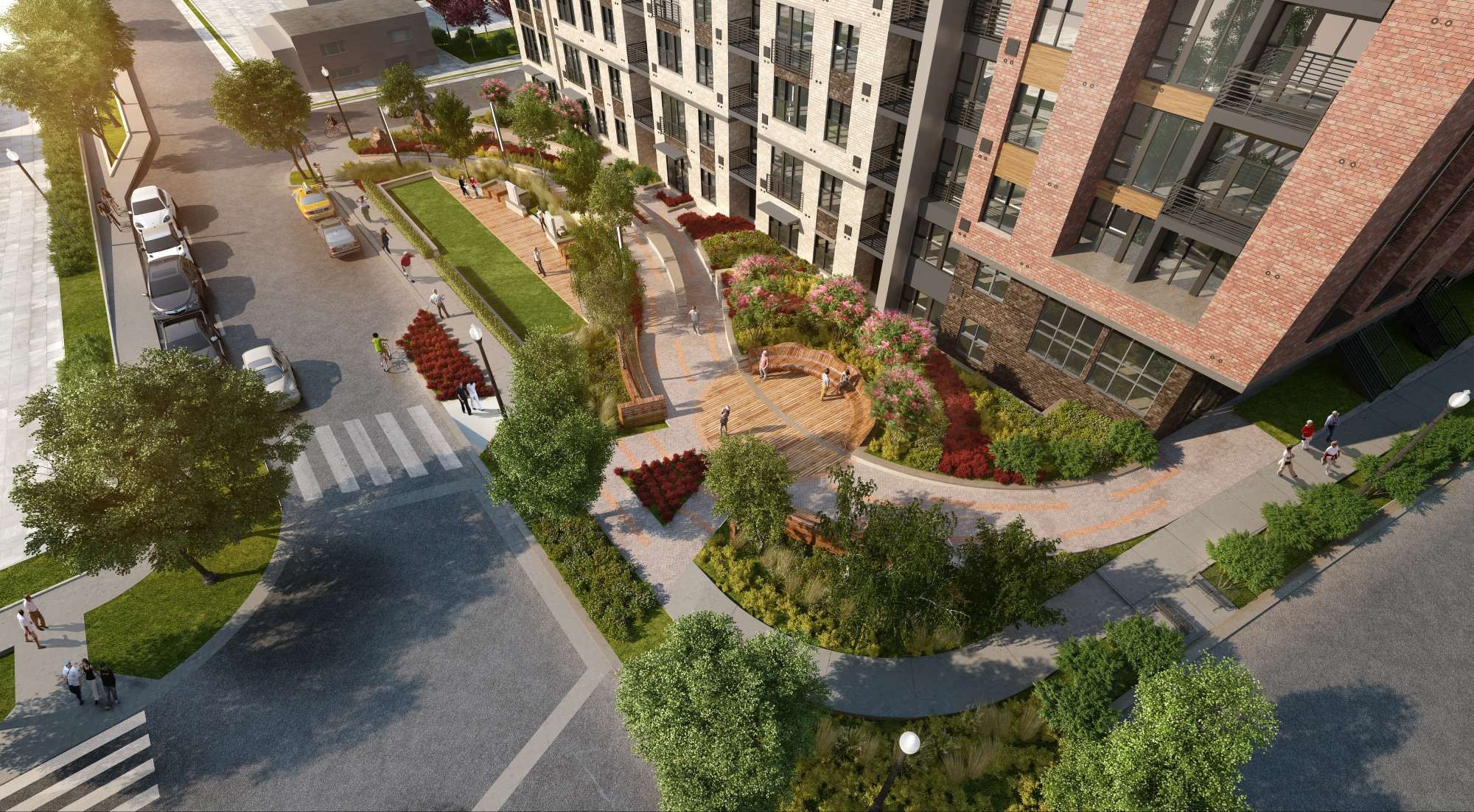 Aerial view of a landscaped urban courtyard with pathways and seating areas.