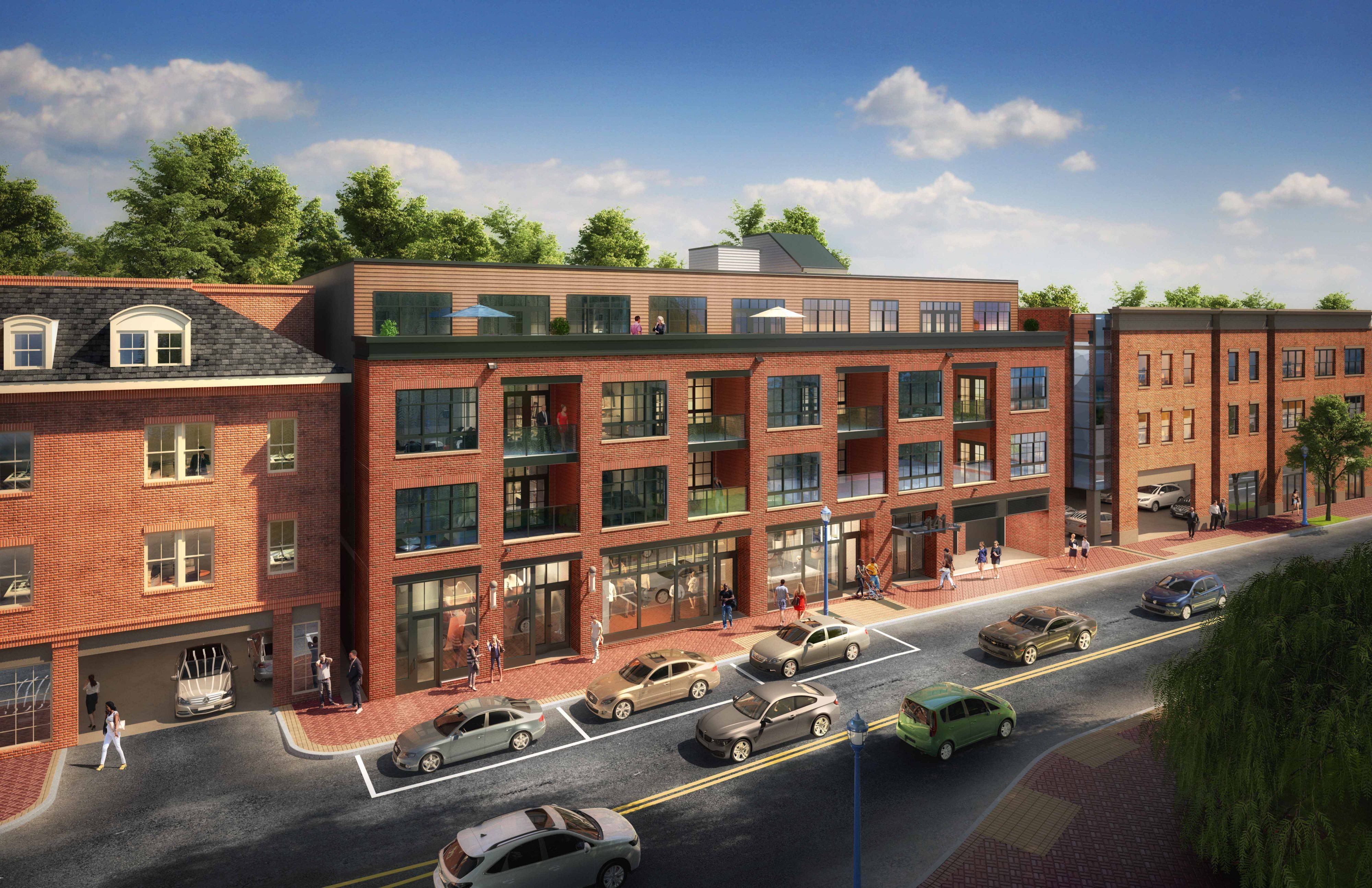 Rendering of a modern brick building with shops and cars on a street.