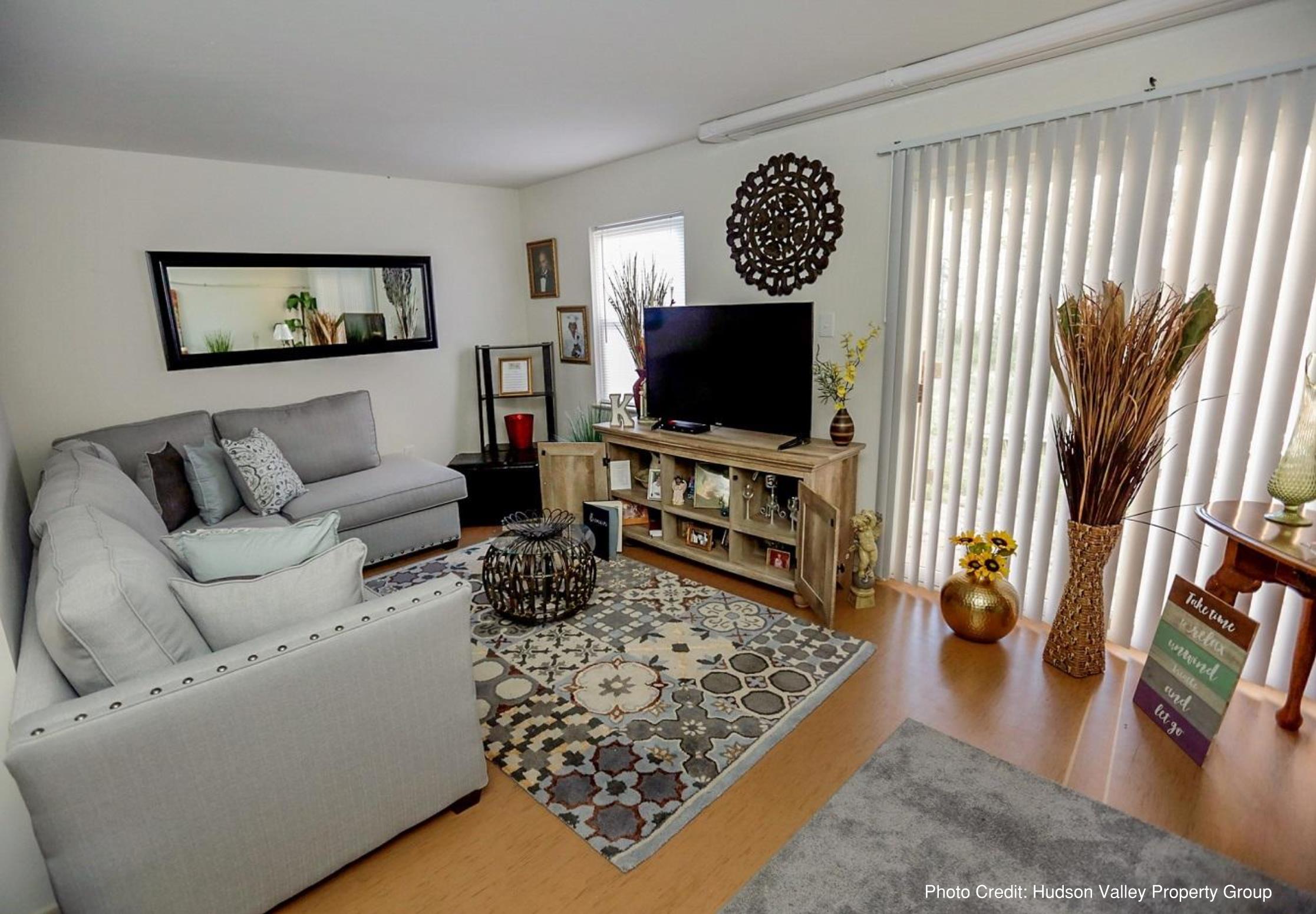 Bright, comfortably furnished living room with a light gray sectional sofa, patterned area rug, and wood-look flooring