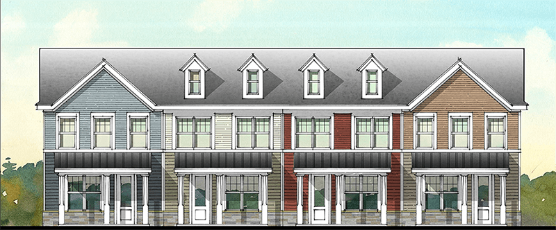 Row of three modern townhouses in varying colors with storefronts below.
