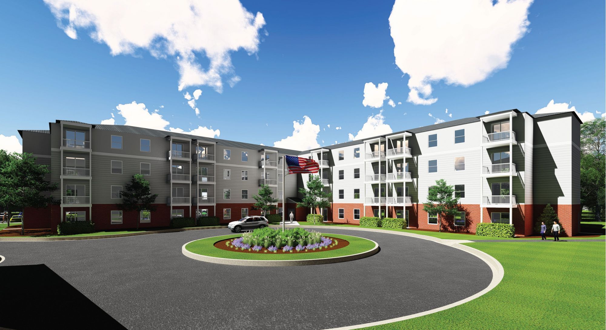 Modern multi-story apartment building with landscaped entrance and flag.