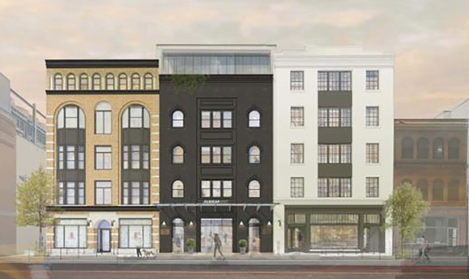 Illustration of a modern building facade with a mix of historical and contemporary design elements.