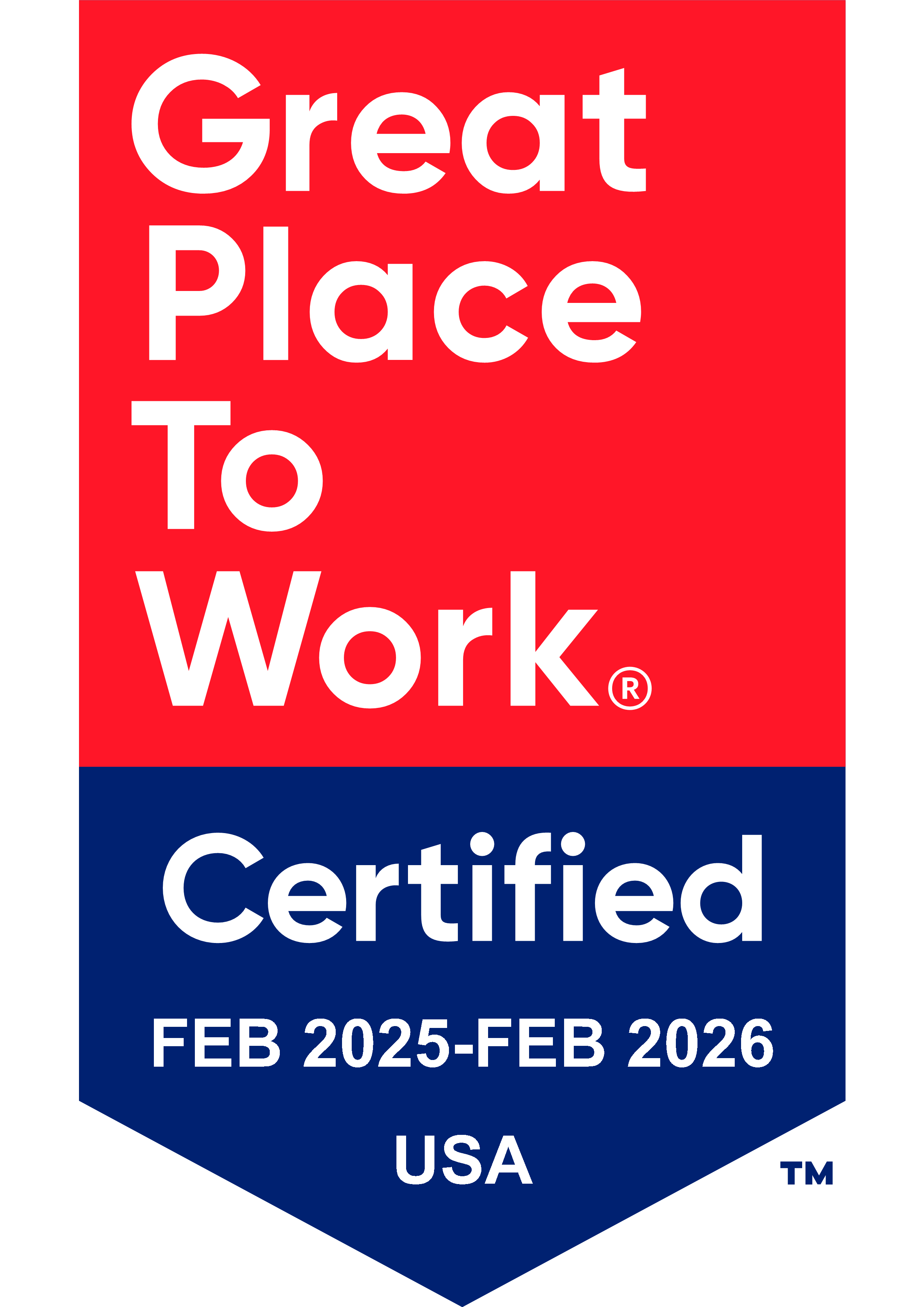 Red and blue badge stating "Great Place to Work Certified 2025-2026"