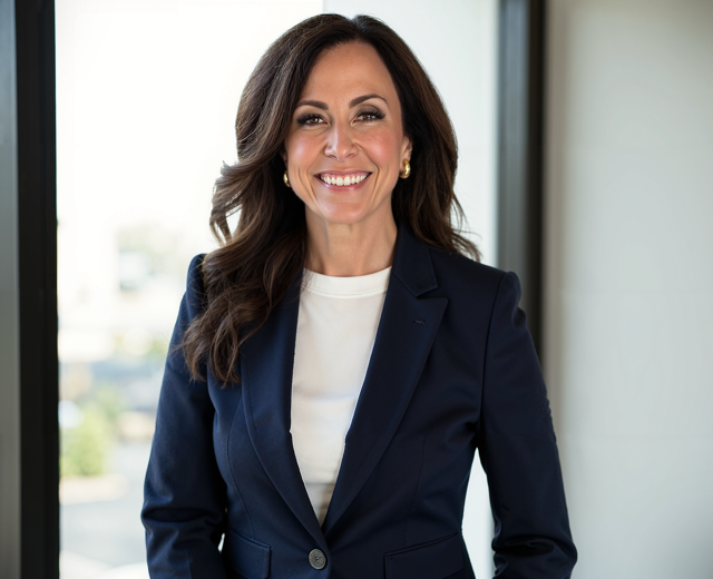 Kara Ryan smiles confidently in a formal navy blazer against a bright, modern background.