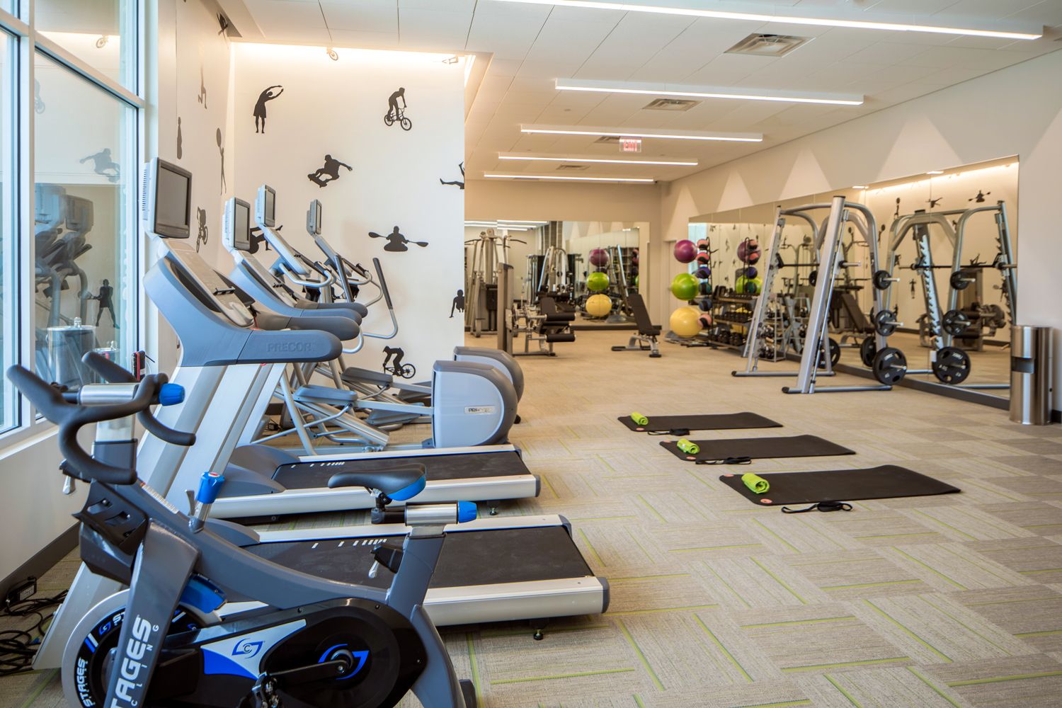 Modern gym interior with exercise bikes, weights, and workout mats.