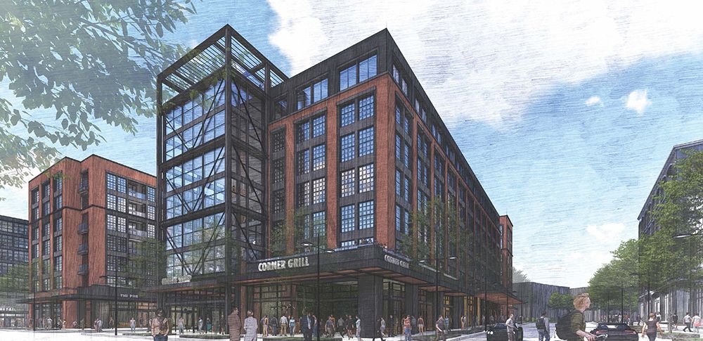 Render of a modern multi-story building with large glass panels and a brick facade.