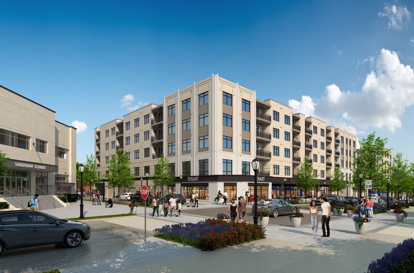 Modern apartment building with greenery and pedestrians around it.