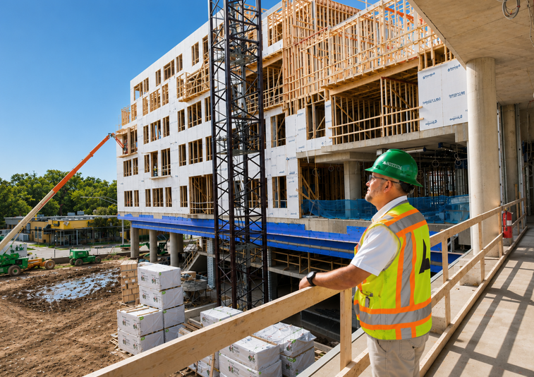 Construction worker overlooking a multistory building under construction with wood framing, exterior sheathing, and a tower crane.