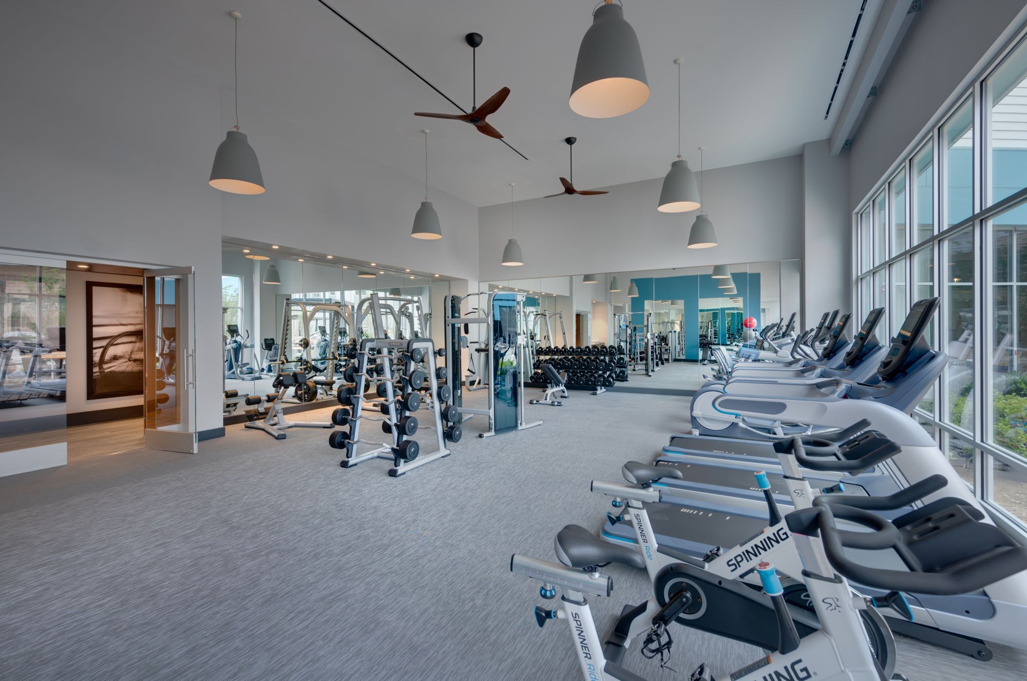 Modern gym interior with exercise equipment and large windows.
