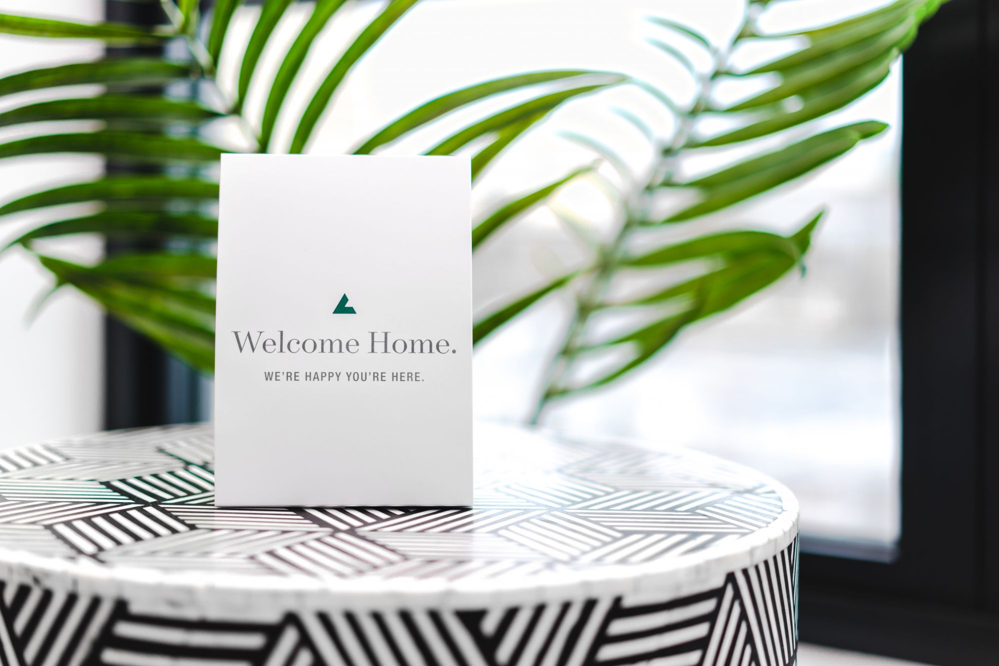 A welcome card on a patterned table with a plant in the background.