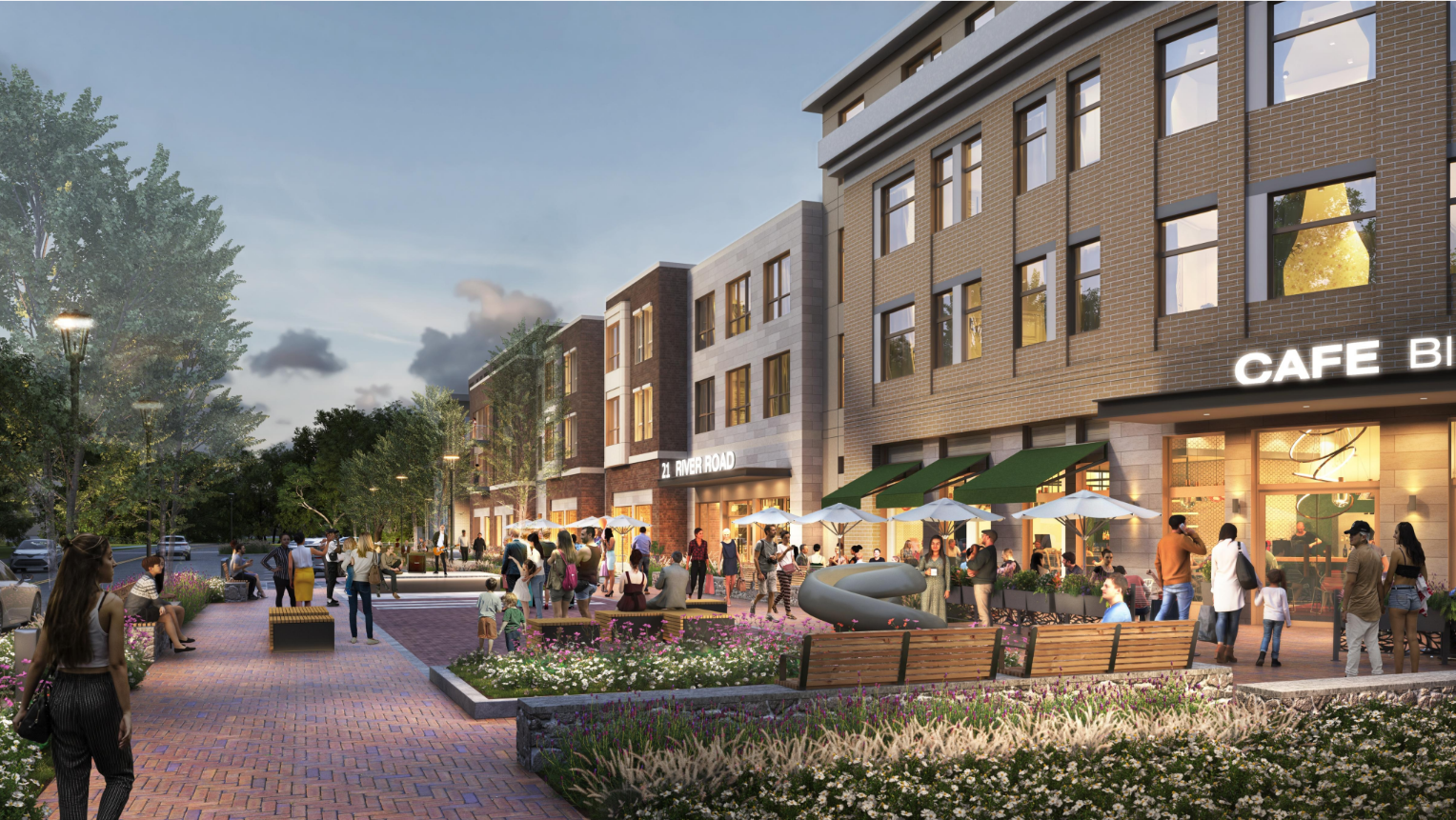 Rendering of a lively brick plaza outside a café, with people walking and gathering among benches, flower beds, and outdoor seating.