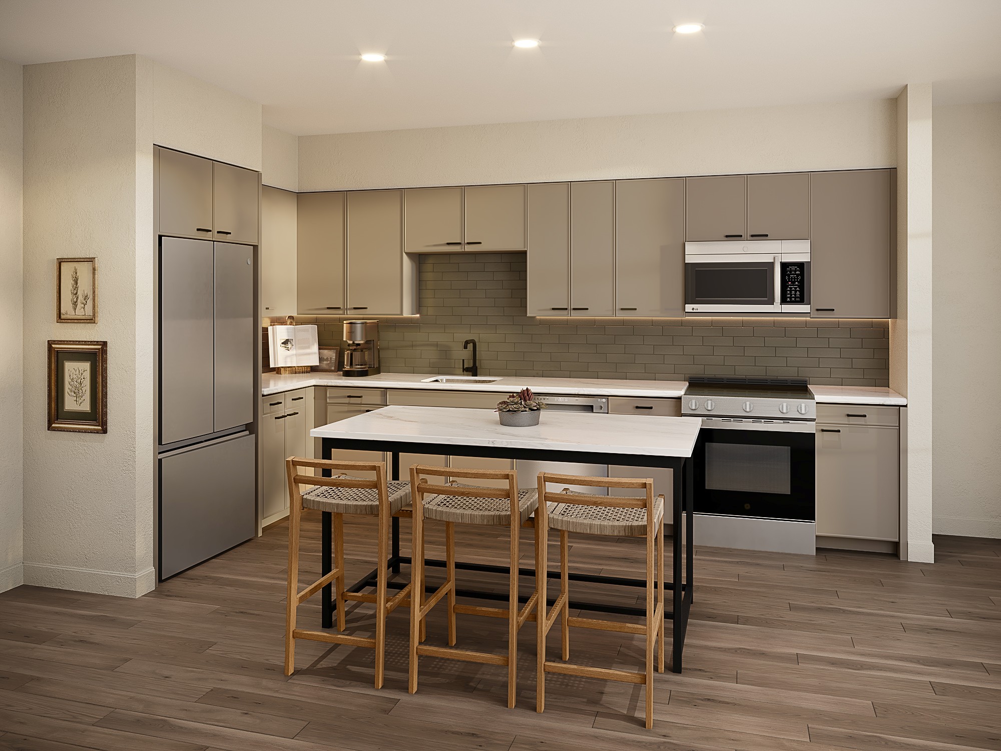 Modern kitchen with gray cabinets, stainless steel appliances, and an island with stools.