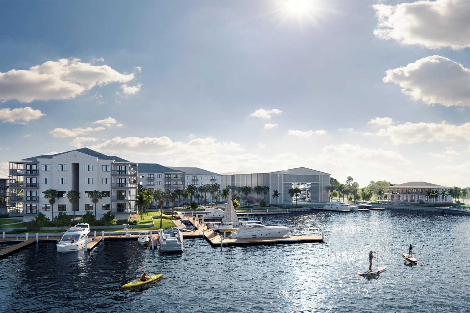 Modern waterfront apartments by the marina on a sunny day.