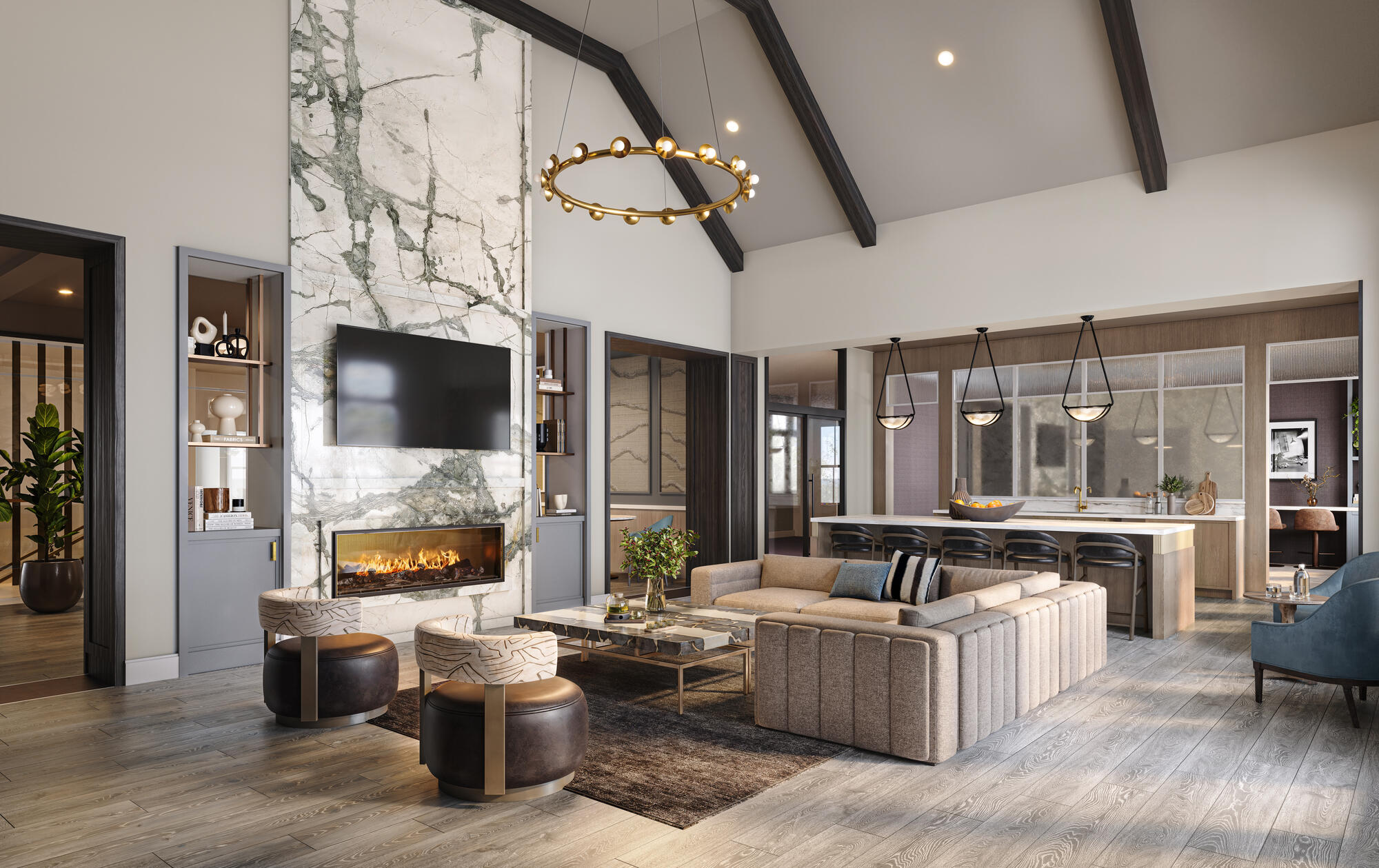 A modern building lobby featuring a sleek fireplace built into a stone wall, surrounded by contemporary lounge chairs and a plush accent rug.