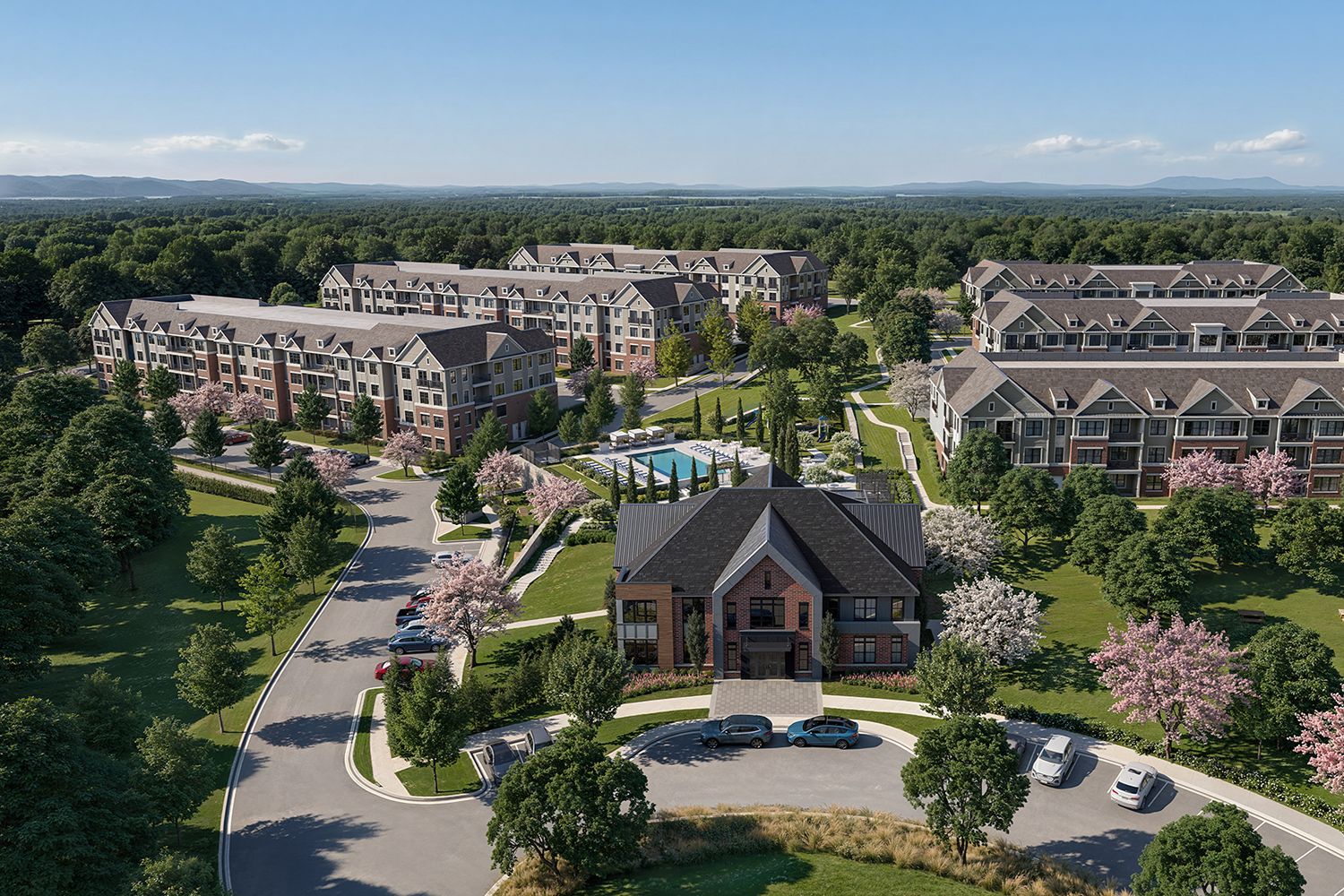 Luxury apartment rentals in New Jersey with parking and pool courtyard