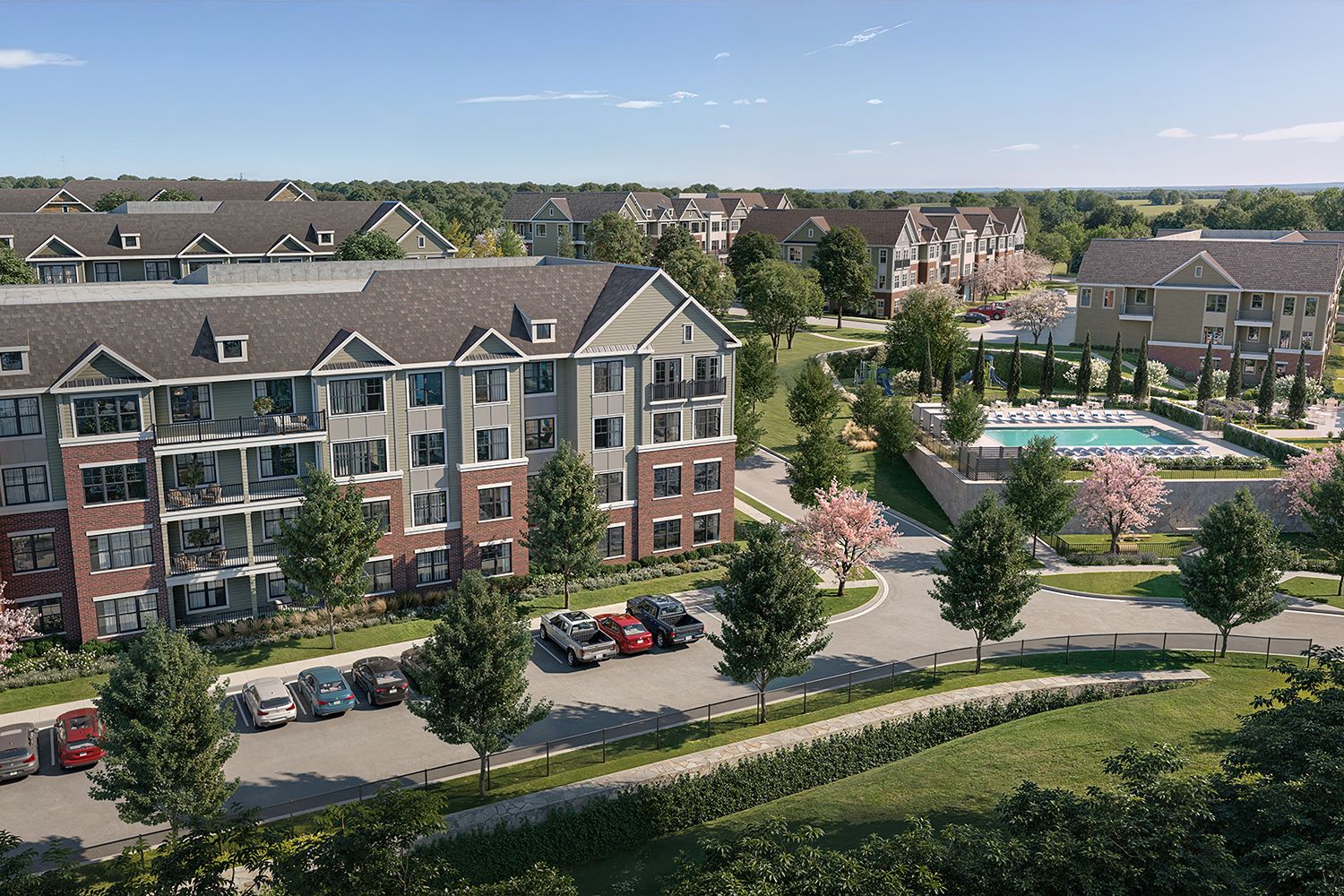Luxury apartment rentals in New Jersey with parking and pool courtyard