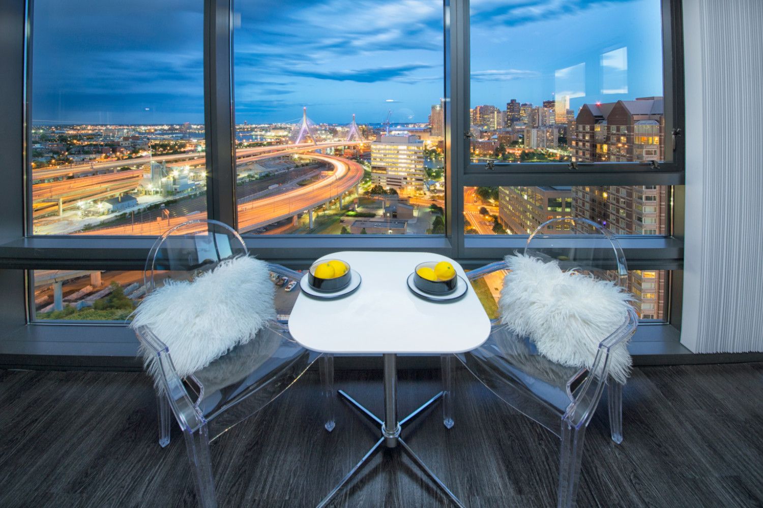 Evening view of interior penthouse model.