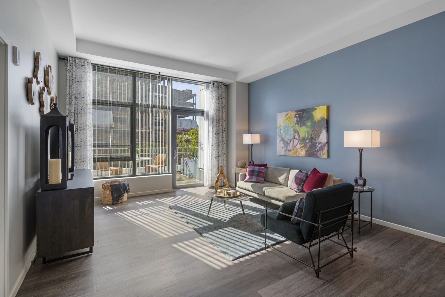Angled view of living space in apartments.