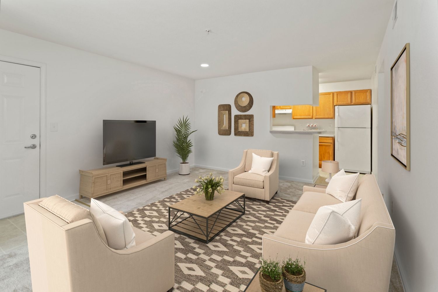 Luxurious, softly beige carpeting fills the apartment with warmth.