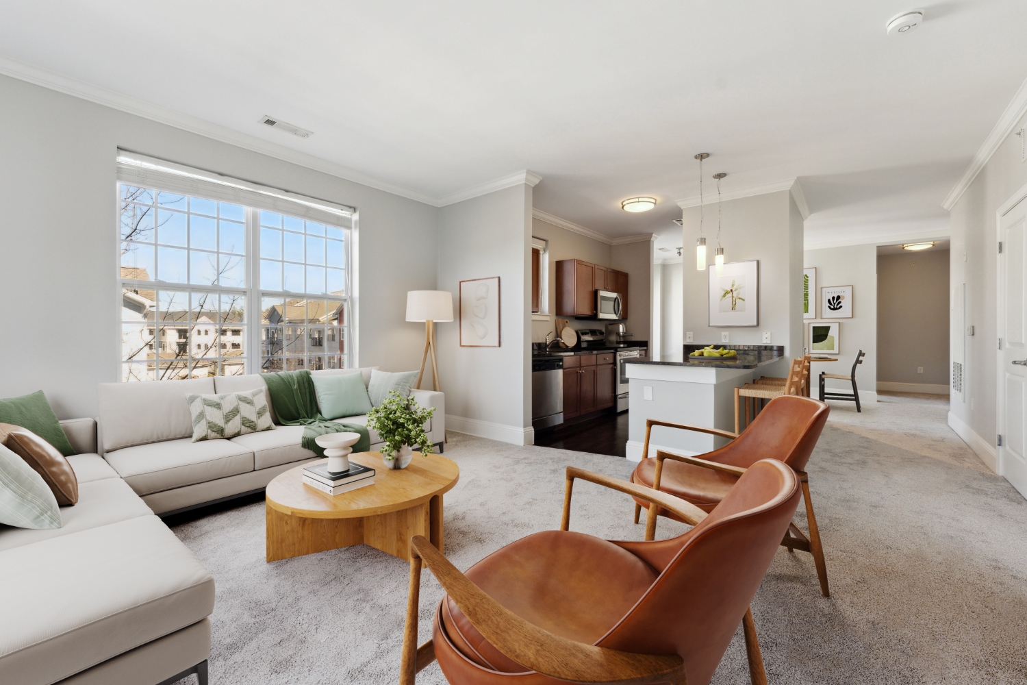 Living room with kitchen view