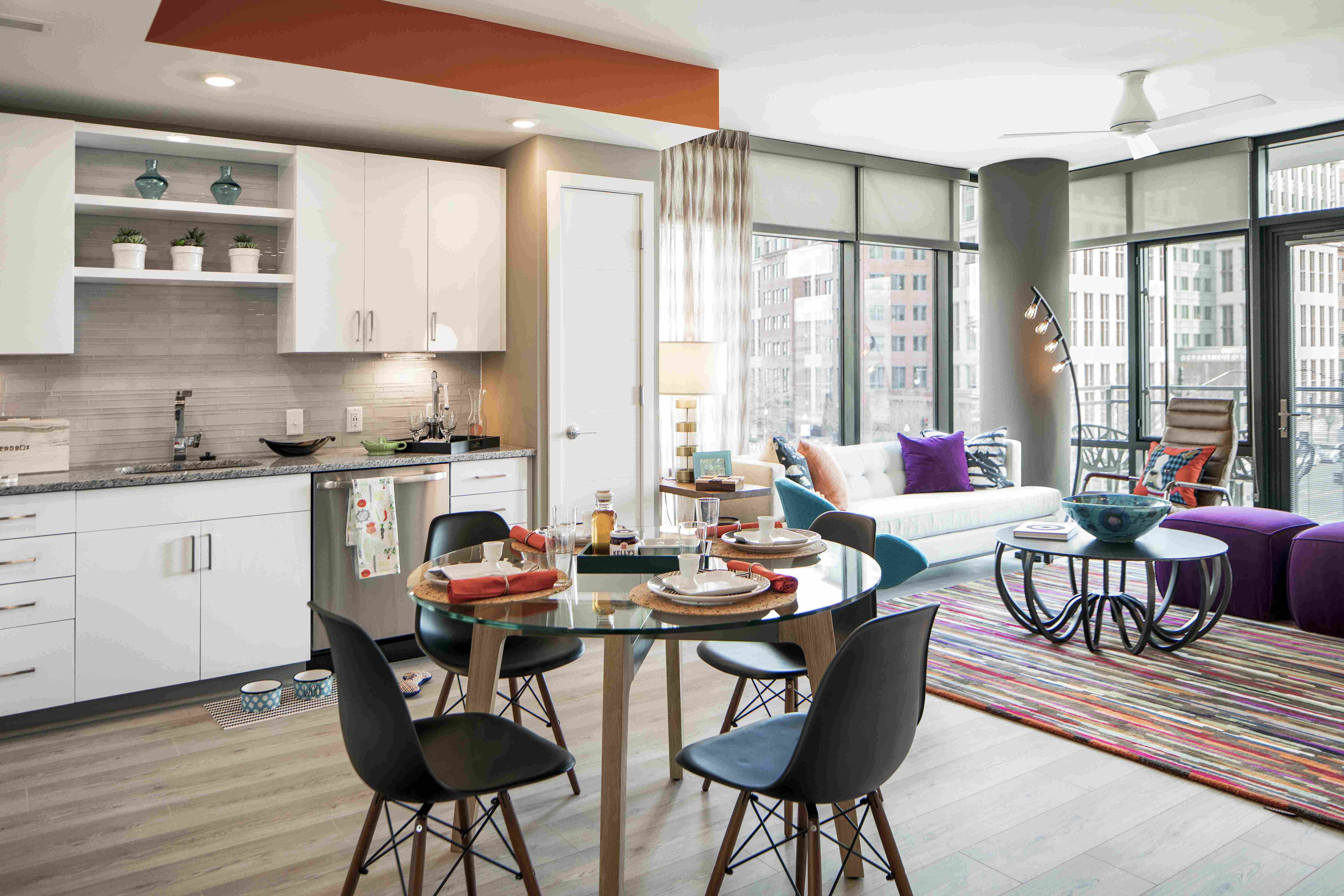 Spacious living with ceilings reaching approximately nine feet high.