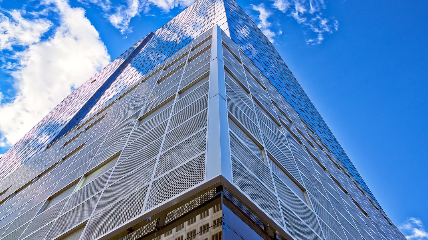 Tower exterior corner looking upward.
