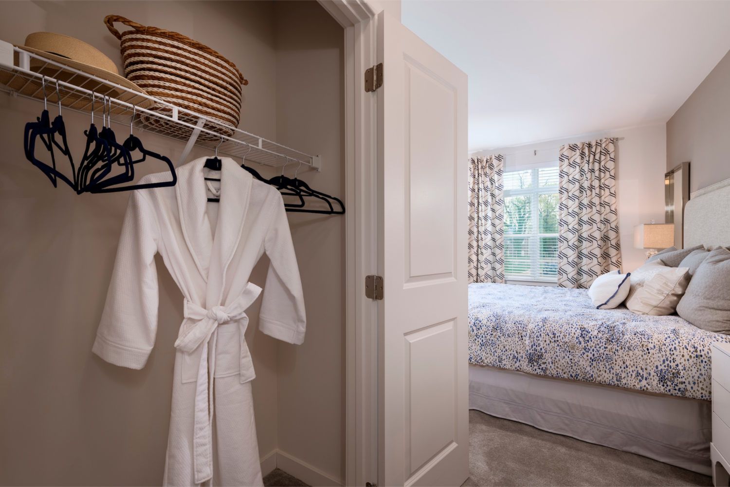 Convenient closet space connects to yoru en suite bath.