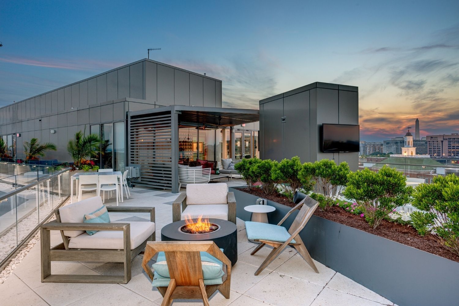 Mix and mingle with friends and neighbors on the rooftop terrace alongside fire pits.