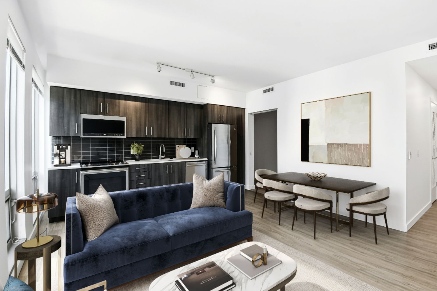 Apartment Livig room and ktichen with large windows