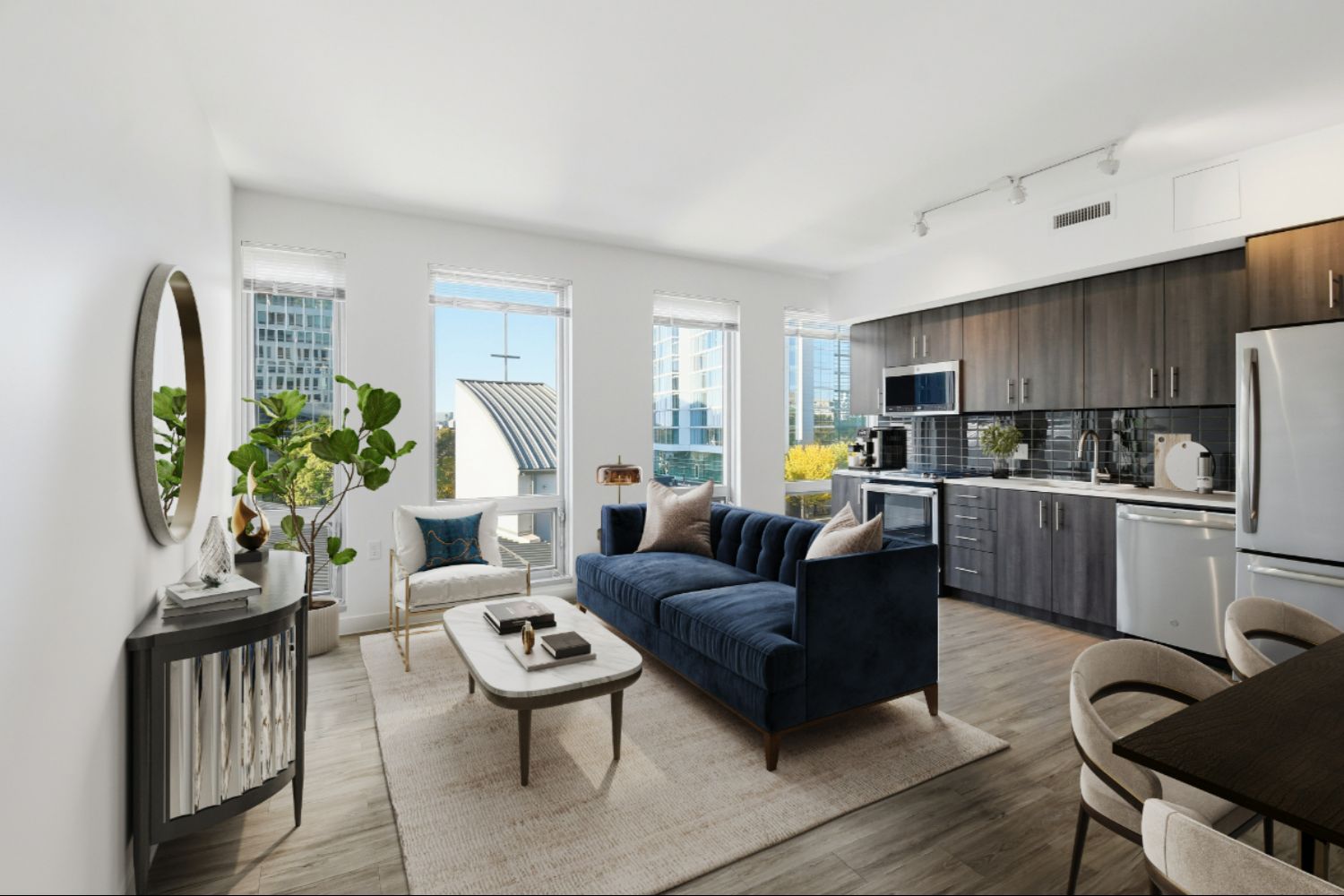 Apartment Livig room and ktichen with large windows