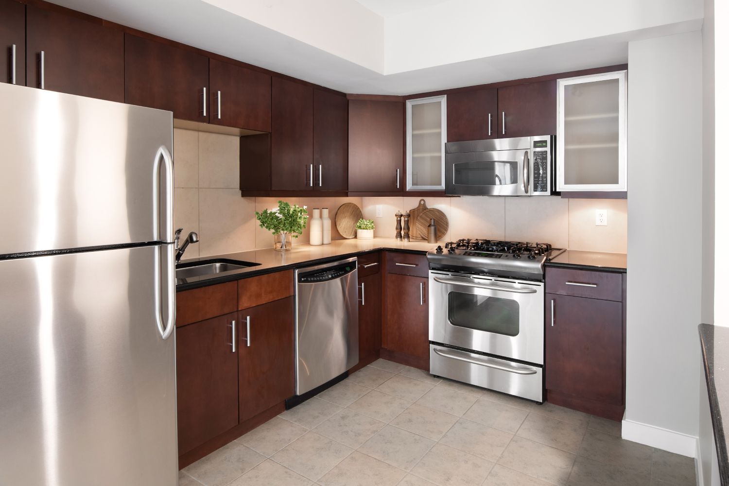 Rich dark cherrywood cabinetry makes the perfect setting for meal time