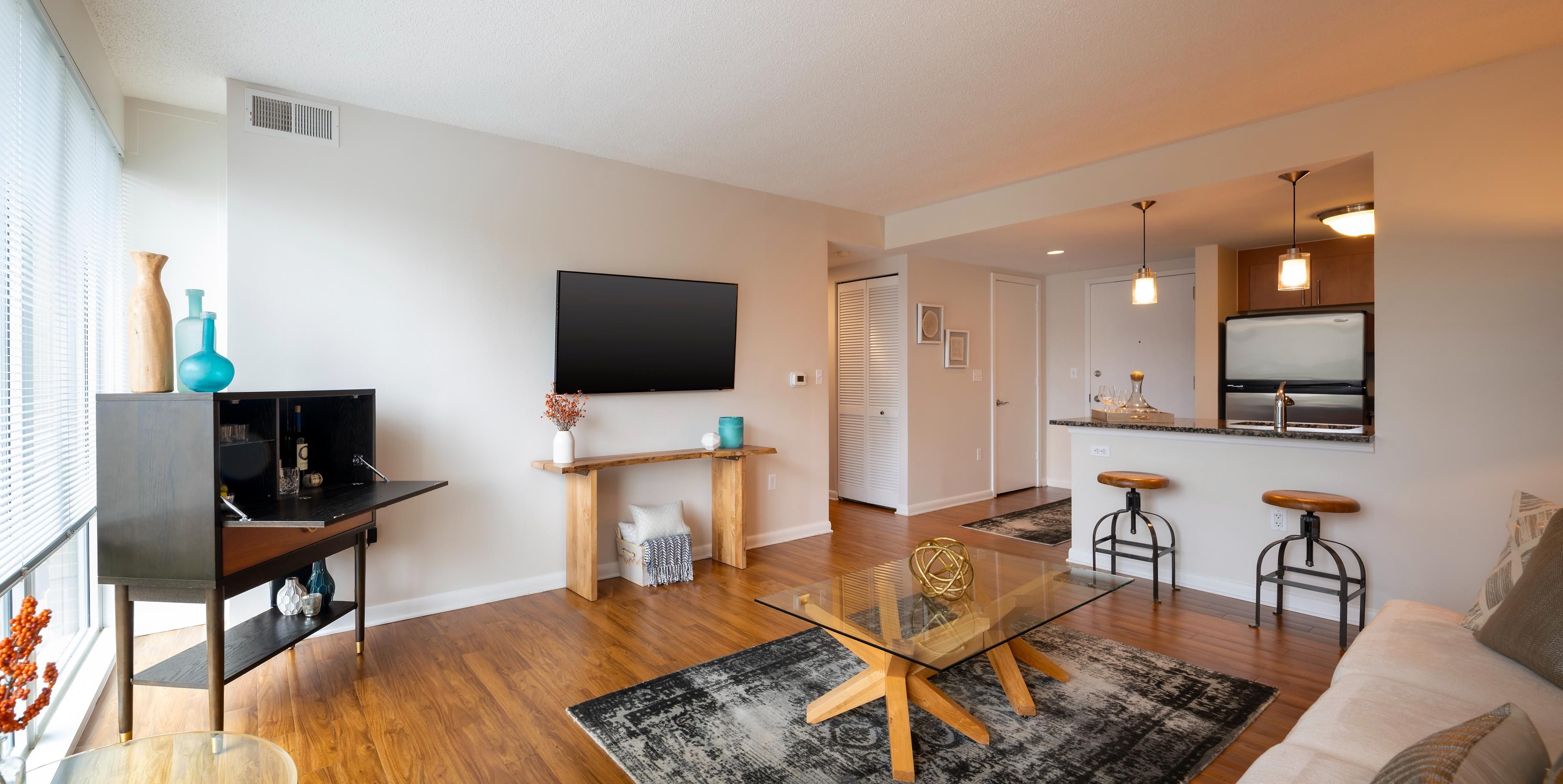 Bright living room with TV