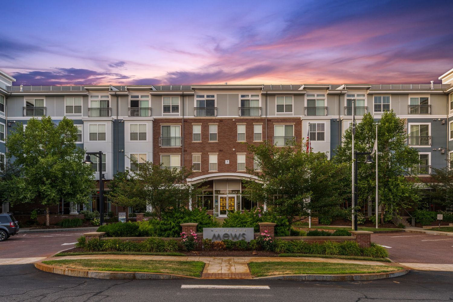 Exterior view of building at sunset