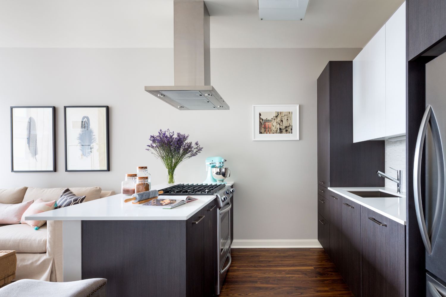 Expansive quartz countertops make entertaining easy.
