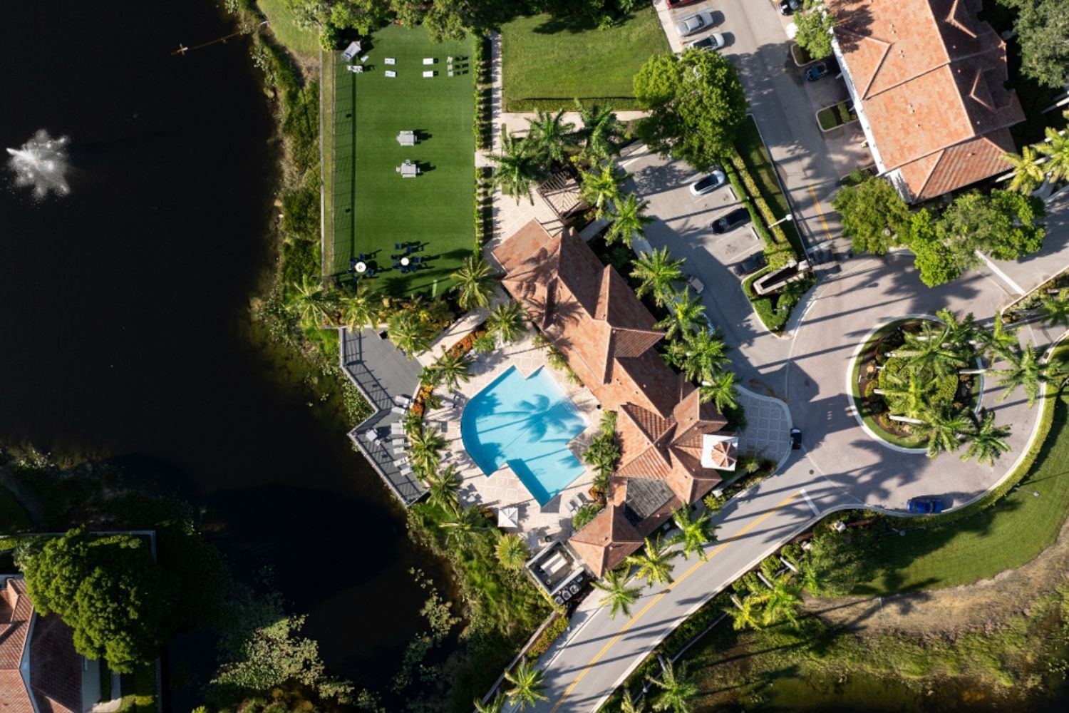 Aerial view of clubhouse and pond