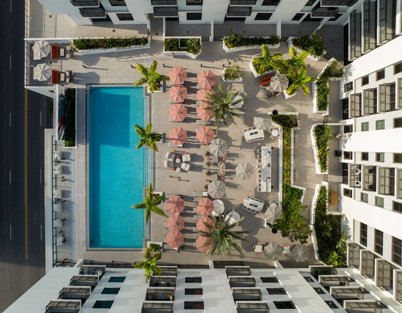 Aerial view of a hotel pool area with lounge chairs and palm trees.