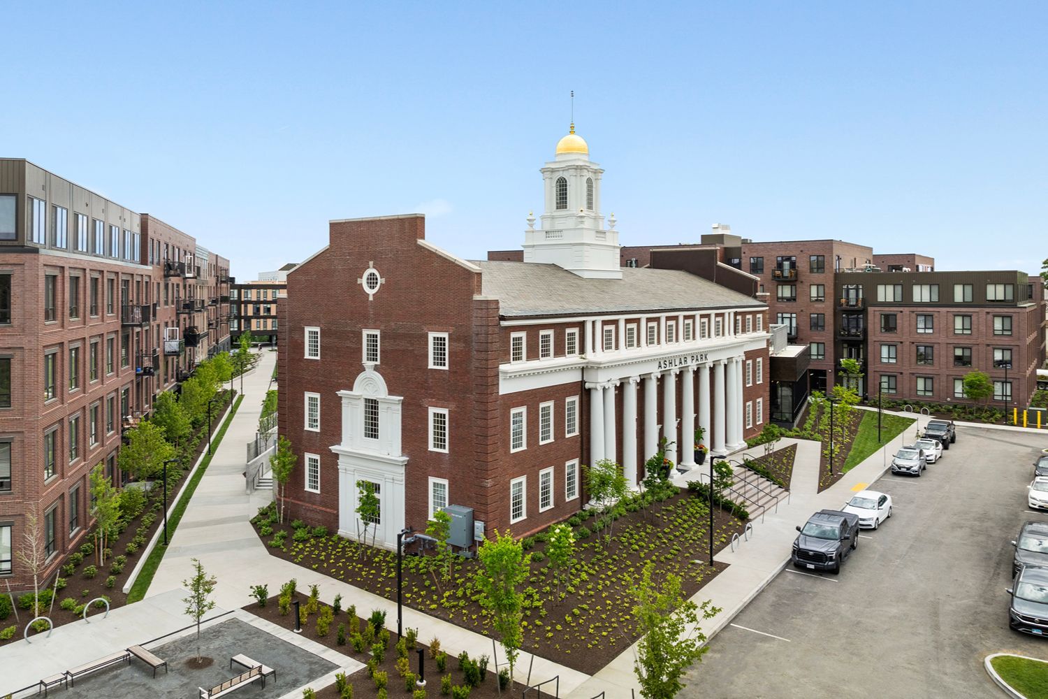 Architectural corner view highlighting the building's modern lines.