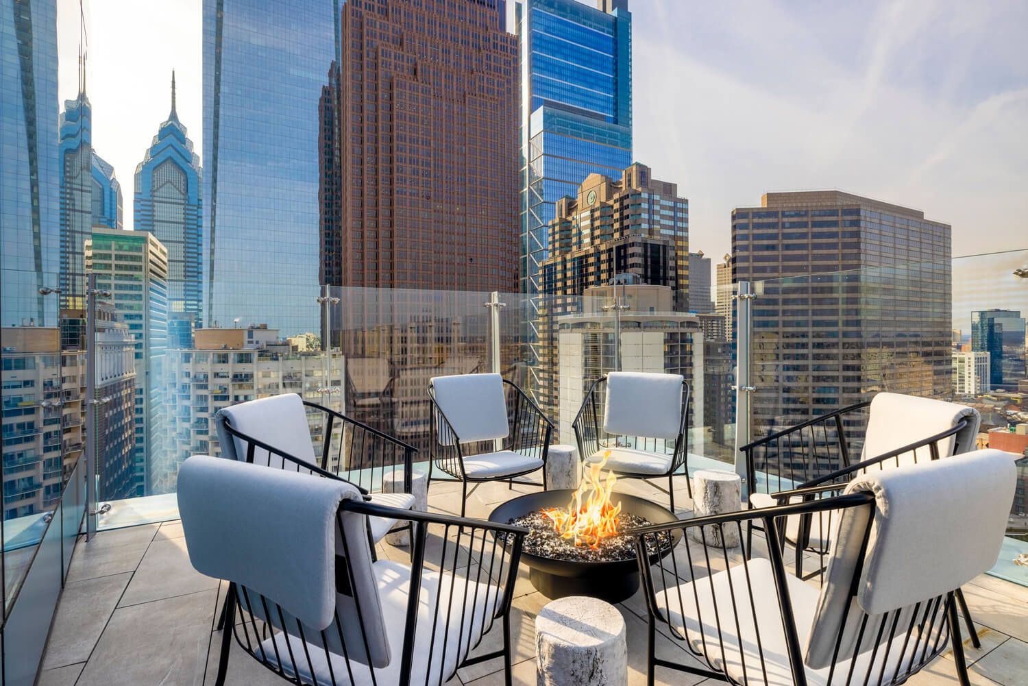 Rooftop terrace with firepit and views of Logan Square and Cathedral Basilica of Saints Peter and Paul
