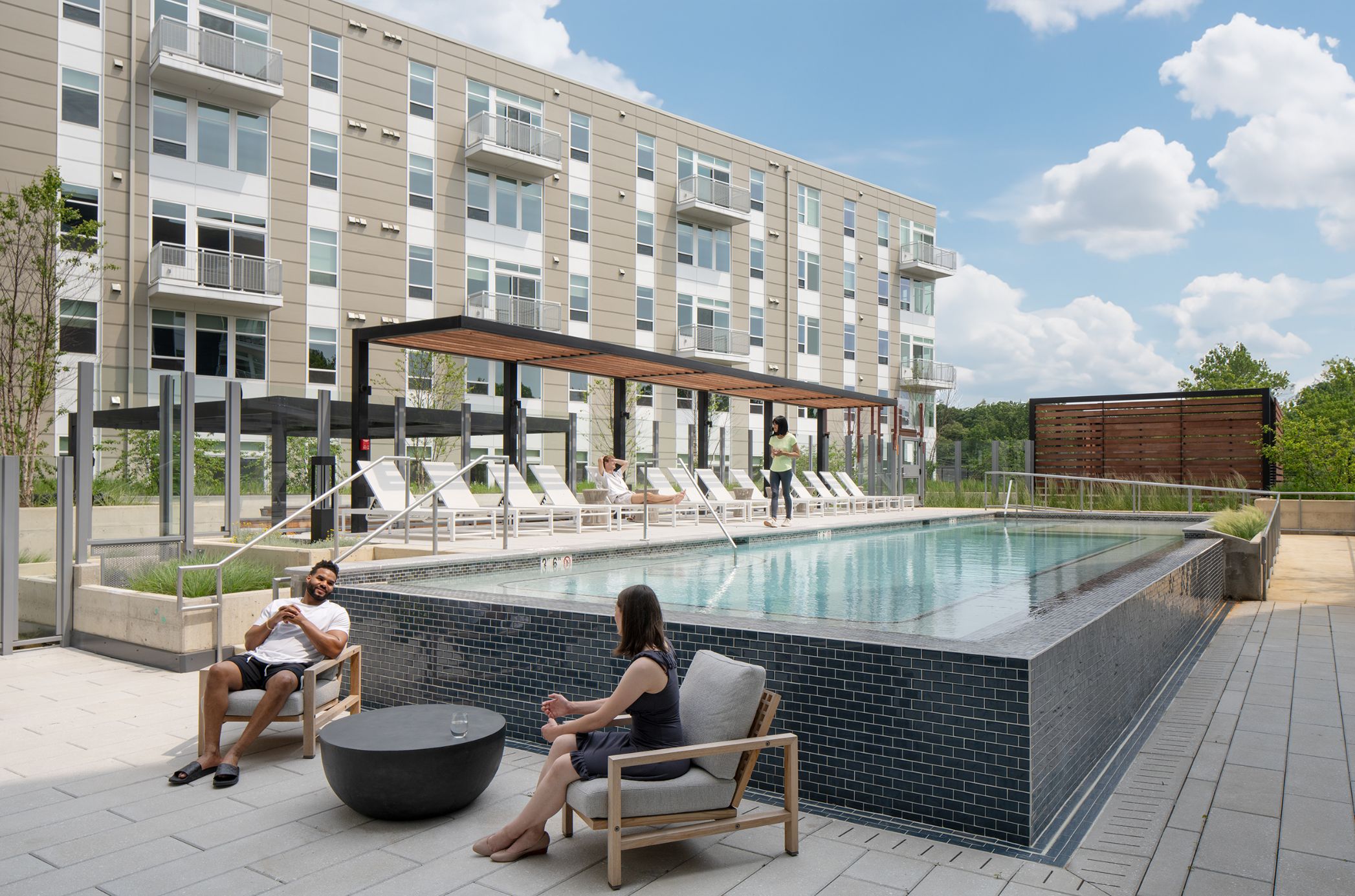 Landscaped pool deck with terraced gardens
