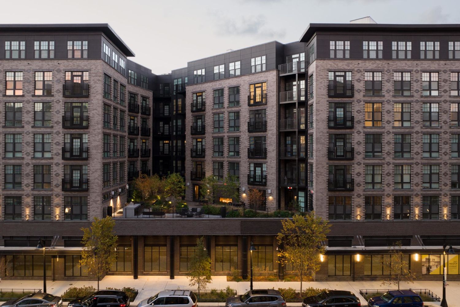 Side view of 250 Mission at dusk