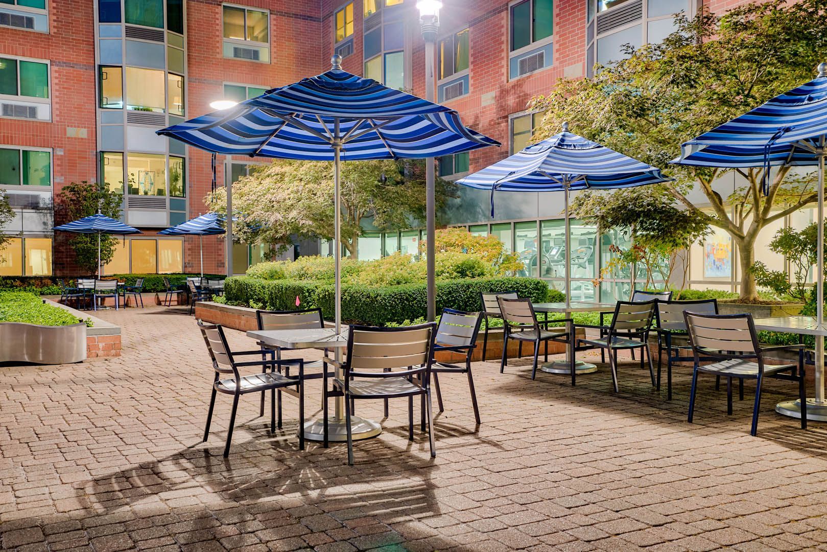Outdoor seating area with blue umbrellas and green landscaping in a well-lit courtyard.