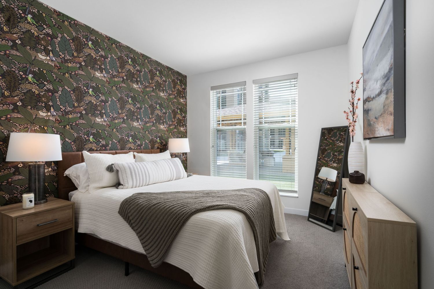 Plush bedroom carpets add warmth and texture.